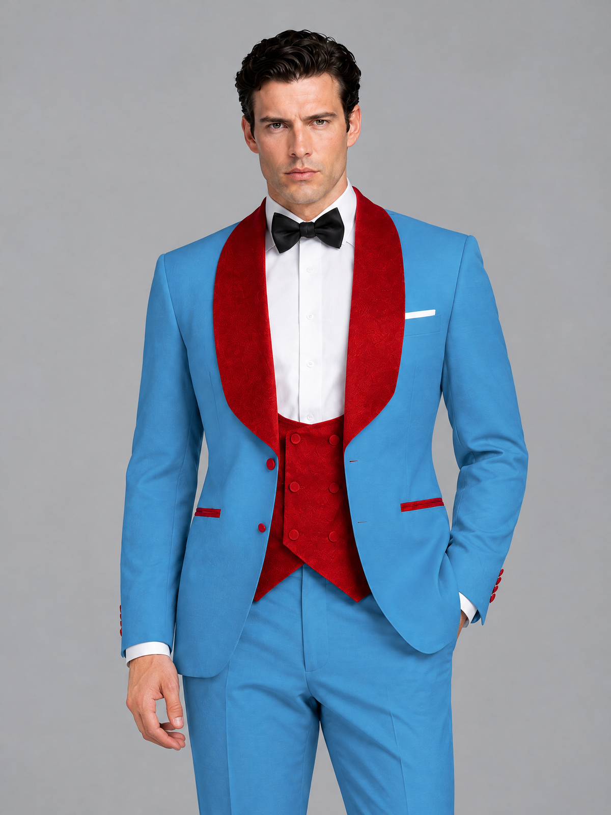 Savile Men's Sky Blue 3-Piece Tuxedo Suit Set – Contrast Red Shawl Lapel Blazer, Red Waistcoat & Trousers - SUC020