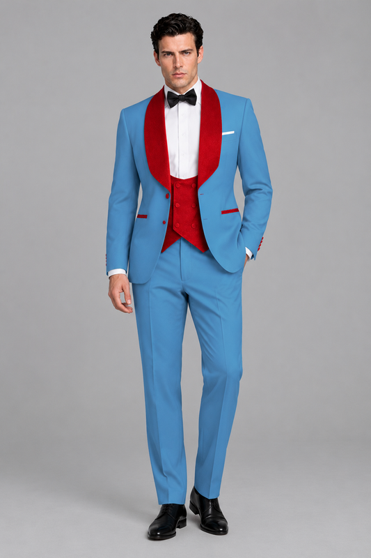 Savile Men's Sky Blue 3-Piece Tuxedo Suit Set – Contrast Red Shawl Lapel Blazer, Red Waistcoat & Trousers - SUC020