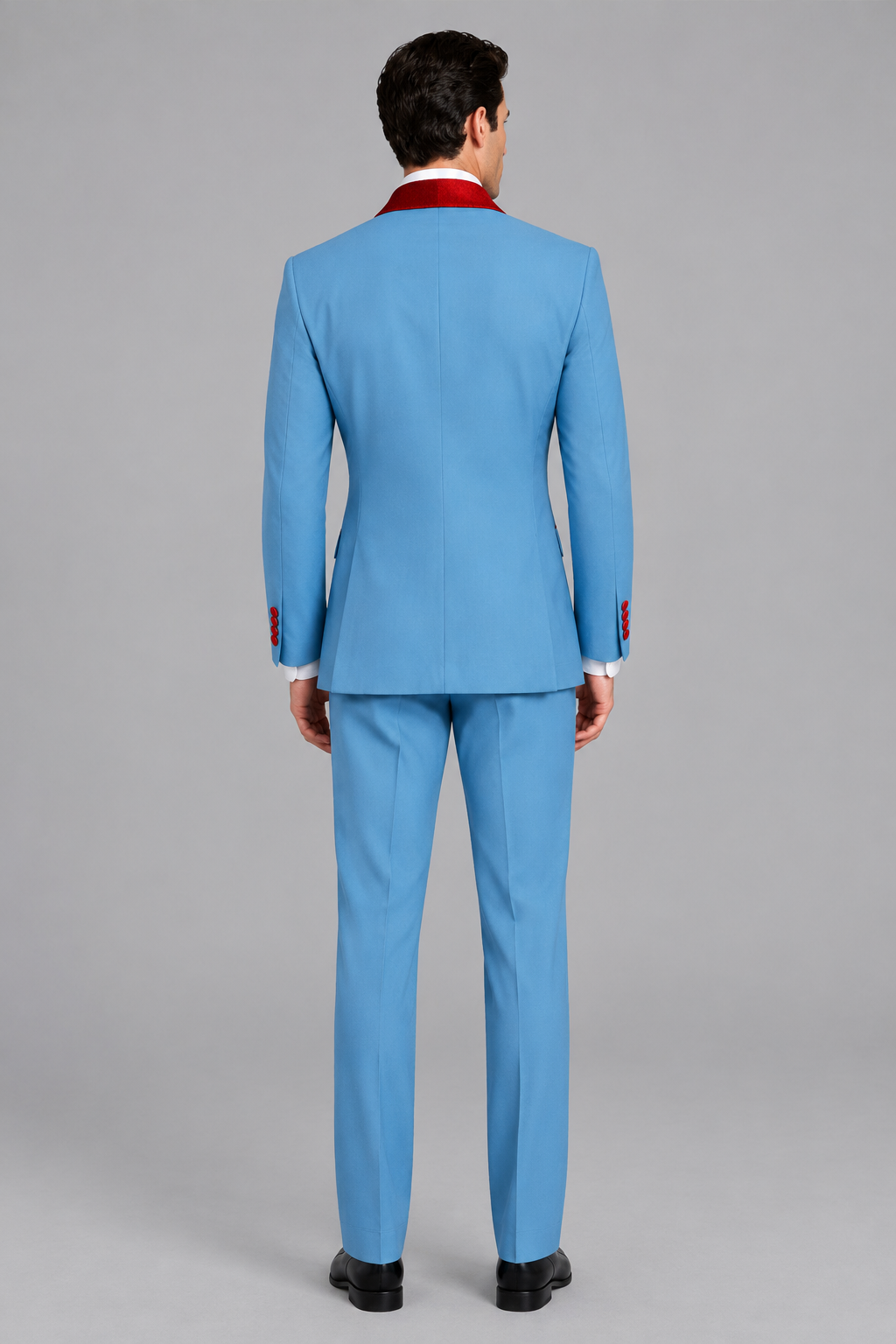 Savile Men's Sky Blue 3-Piece Tuxedo Suit Set – Contrast Red Shawl Lapel Blazer, Red Waistcoat & Trousers - SUC020