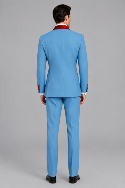 Savile Men's Sky Blue 3-Piece Tuxedo Suit Set – Contrast Red Shawl Lapel Blazer, Red Waistcoat & Trousers - SUC020