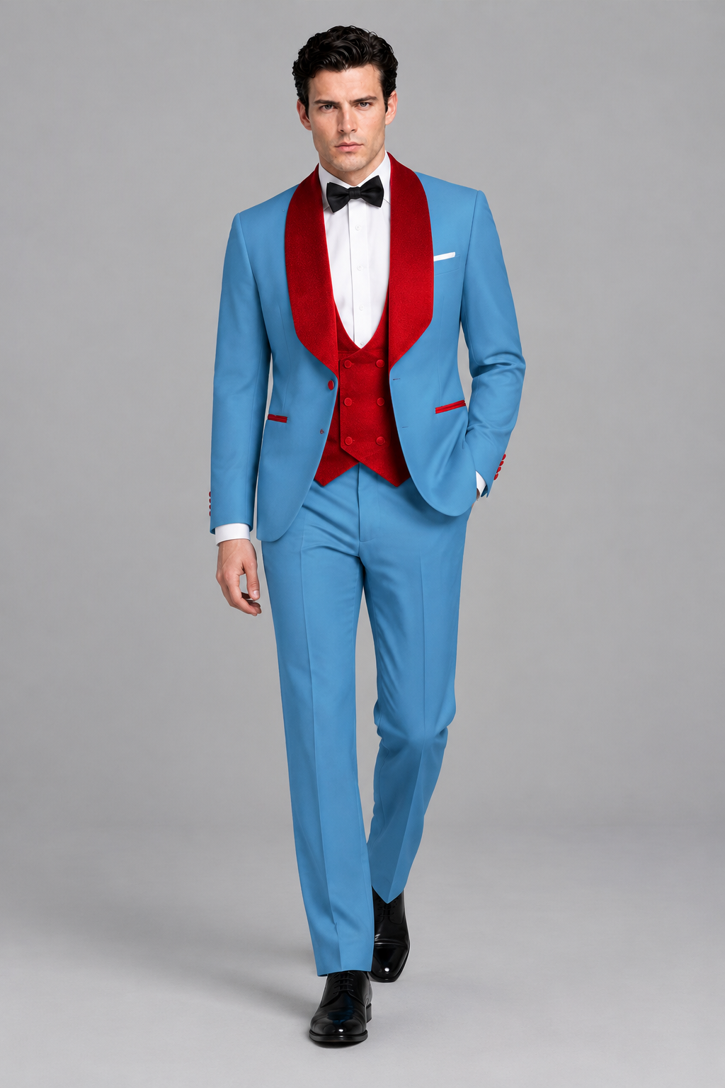 Savile Men's Sky Blue 3-Piece Tuxedo Suit Set – Contrast Red Shawl Lapel Blazer, Red Waistcoat & Trousers - SUC020