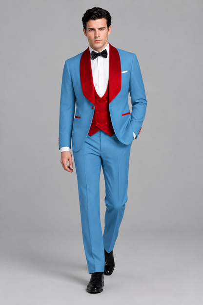 Savile Men's Sky Blue 3-Piece Tuxedo Suit Set – Contrast Red Shawl Lapel Blazer, Red Waistcoat & Trousers - SUC020