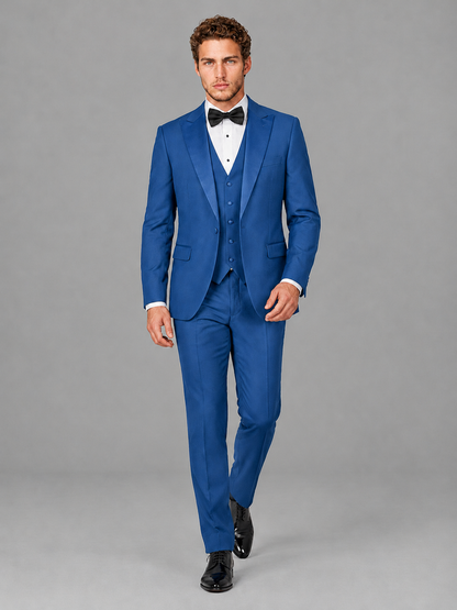 Savile Men's Blue Peak Lapel 3-Piece Tuxedo Suit | Jacket, Vest & Trousers