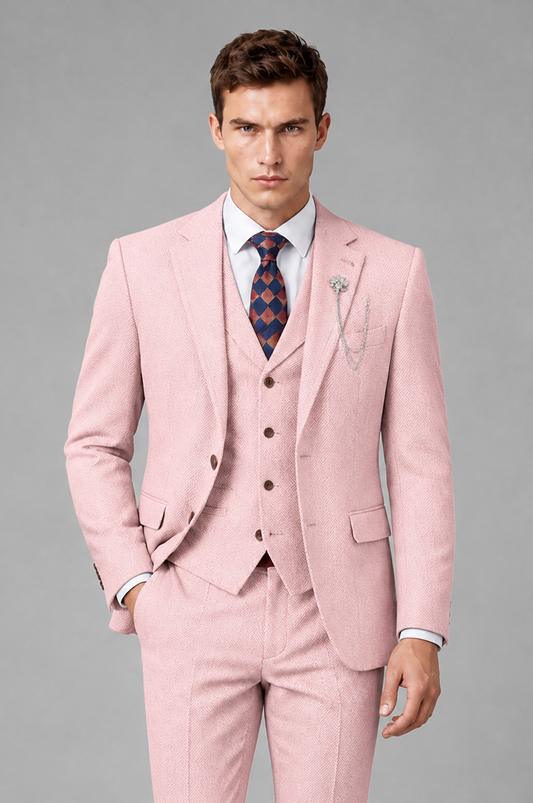 Savile Men's Grey Notch Lapel 3-Piece Suit Set | Jacket, Vest & Trousers - Blush Pink - Blush Pink