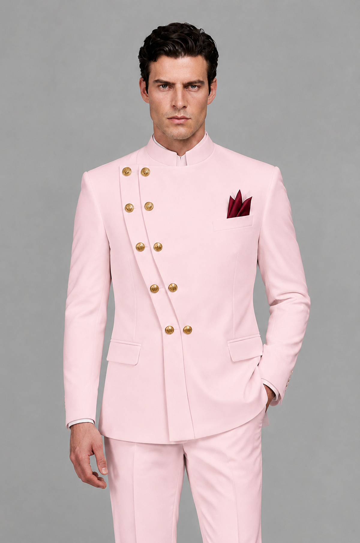 BOLODOO Men's Blush Pink Asymmetrical Mandarin Collar Tuxedo Suit – Modern 2-Piece Gold Button Wedding, Prom & Gala Set - Blush Pink - Blush Pink_01