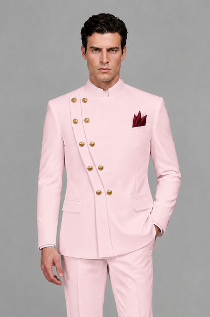 BOLODOO Men's Blush Pink Asymmetrical Mandarin Collar Tuxedo Suit – Modern 2-Piece Gold Button Wedding, Prom & Gala Set - Blush Pink - Blush Pink_01