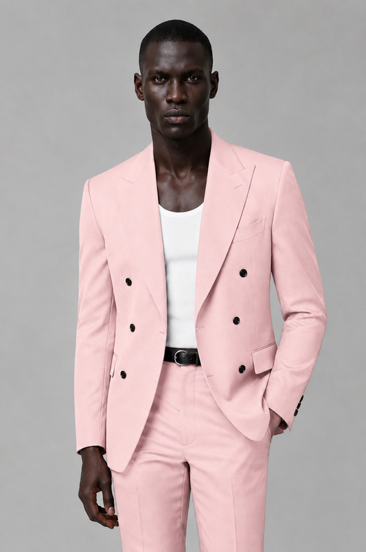 Savile Men's Blush Pink Double Breasted Slim Fit 2-Piece Suit Set – Blazer & Trousers | Wedding Gala Formal - Blush Pink - Blush Pink_01