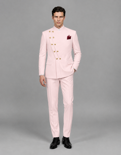 BOLODOO Men's Blush Pink Asymmetrical Mandarin Collar Tuxedo Suit – Modern 2-Piece Gold Button Wedding, Prom & Gala Set - Blush Pink - Blush Pink_02