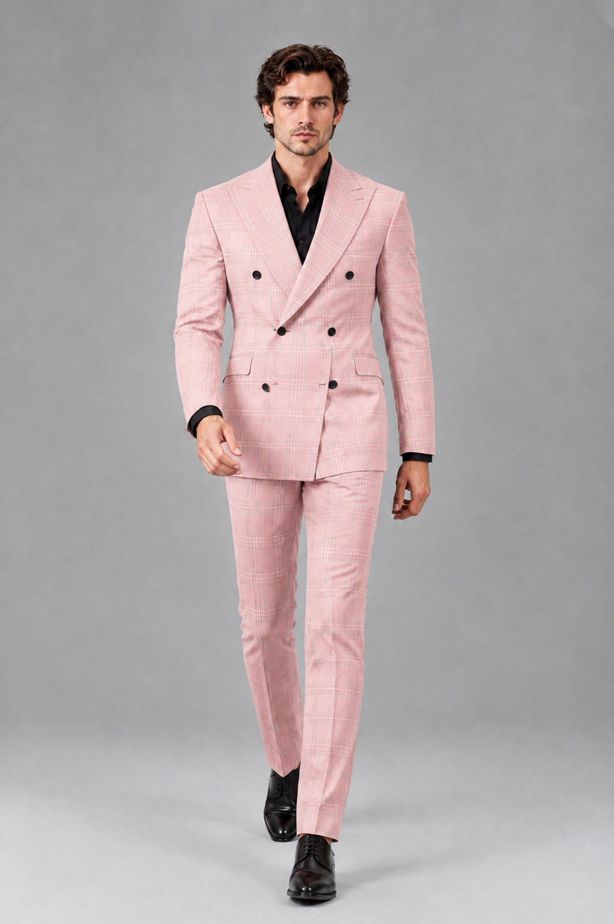 Savile Men's Rust Plaid 2-Piece Double-Breasted Suit – Peak Lapel Slim-Fit Jacket & Trousers Set - Blush Pink - Blush Pink