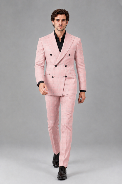 Savile Men's Rust Plaid 2-Piece Double-Breasted Suit – Peak Lapel Slim-Fit Jacket & Trousers Set - Blush Pink - Blush Pink