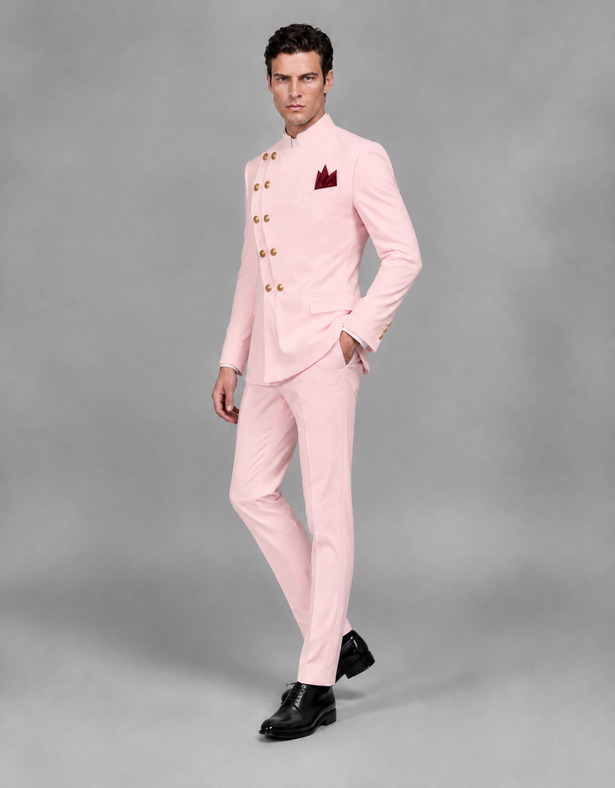 BOLODOO Men's Blush Pink Asymmetrical Mandarin Collar Tuxedo Suit – Modern 2-Piece Gold Button Wedding, Prom & Gala Set - Blush Pink - Blush Pink_04