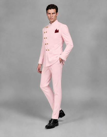 BOLODOO Men's Blush Pink Asymmetrical Mandarin Collar Tuxedo Suit – Modern 2-Piece Gold Button Wedding, Prom & Gala Set - Blush Pink - Blush Pink_04