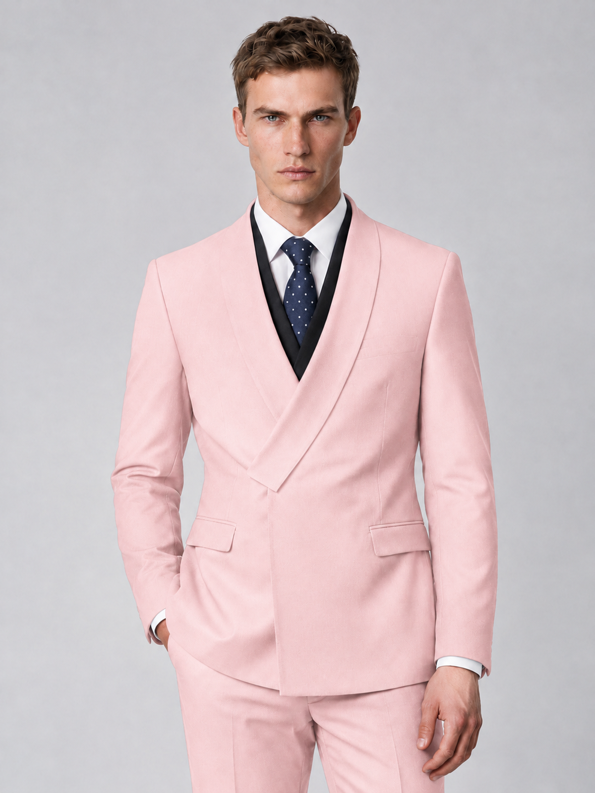 Savile Men's Blush Pink Wrap Shawl Lapel 2-Piece Suit Set – Modern Jacket & Trousers - Blush Pink - Blush Pink_1