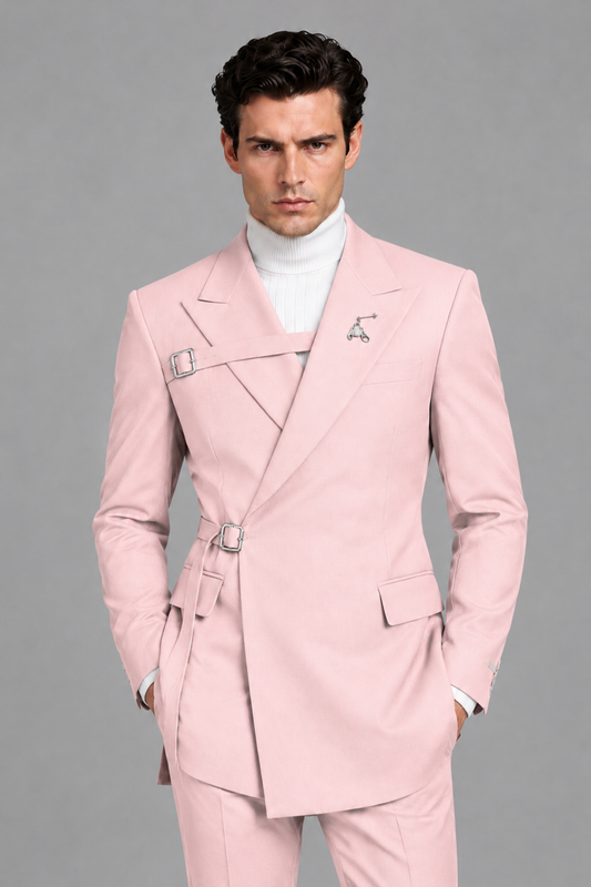 Savile Men's Blush Pink Double Buckle Wrap Belted 2-Piece Suit Set – Peak Lapel Slim-Fit Jacket & Trousers - Blush Pink - Blush Pink_1