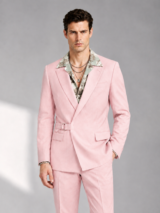 Savile Men's Blush Pink Belted Wrap 2-Piece Suit – Peak Lapel Blazer & Tailored Trousers - SUC060 - Blush Pink - Blush Pink_1