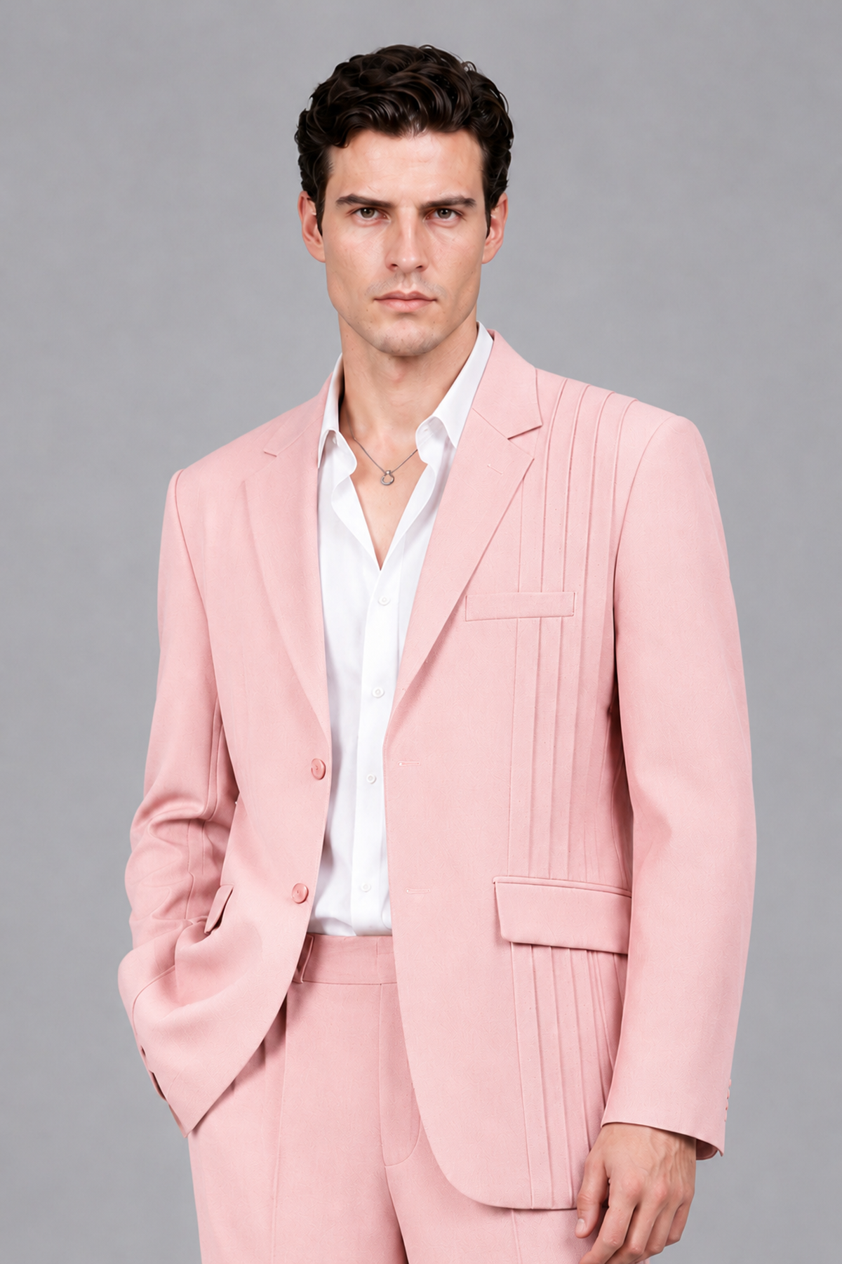Savile Men's Blush Pink Pleated 2-Piece Suit Set | Notch Lapel Blazer & Tailored Trousers - Blush Pink - Blush Pink_1