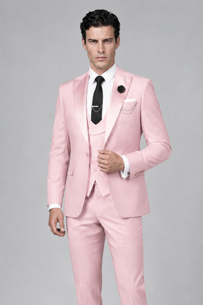 Savile Men's Blush Pink 3-Piece Tuxedo Suit – Contrast Silver Peak Lapel & Grey Vest Formal Set - Blush Pink - Blush Pink_1