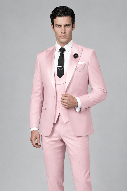 Savile Men's Blush Pink 3-Piece Tuxedo Suit – Contrast Silver Peak Lapel & Grey Vest Formal Set - Blush Pink - Blush Pink_1