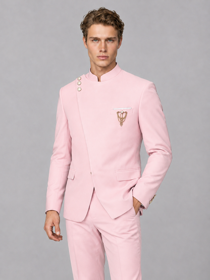 Savile Men's Blush Pink Mandarin Collar Asymmetrical 2-Piece Suit Set – Modern Jacket & Trousers - Blush Pink - Blush Pink_1