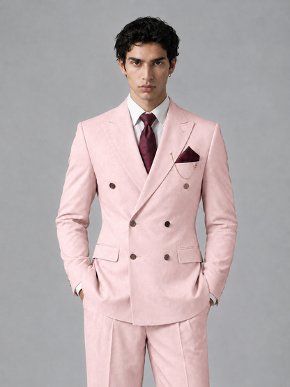 Savile Men's Blush Pink Double-Breasted 2-Piece Suit Set – Peak Lapel Blazer & Pleated Wide-Leg Trousers - Blush Pink - Blush Pink_1