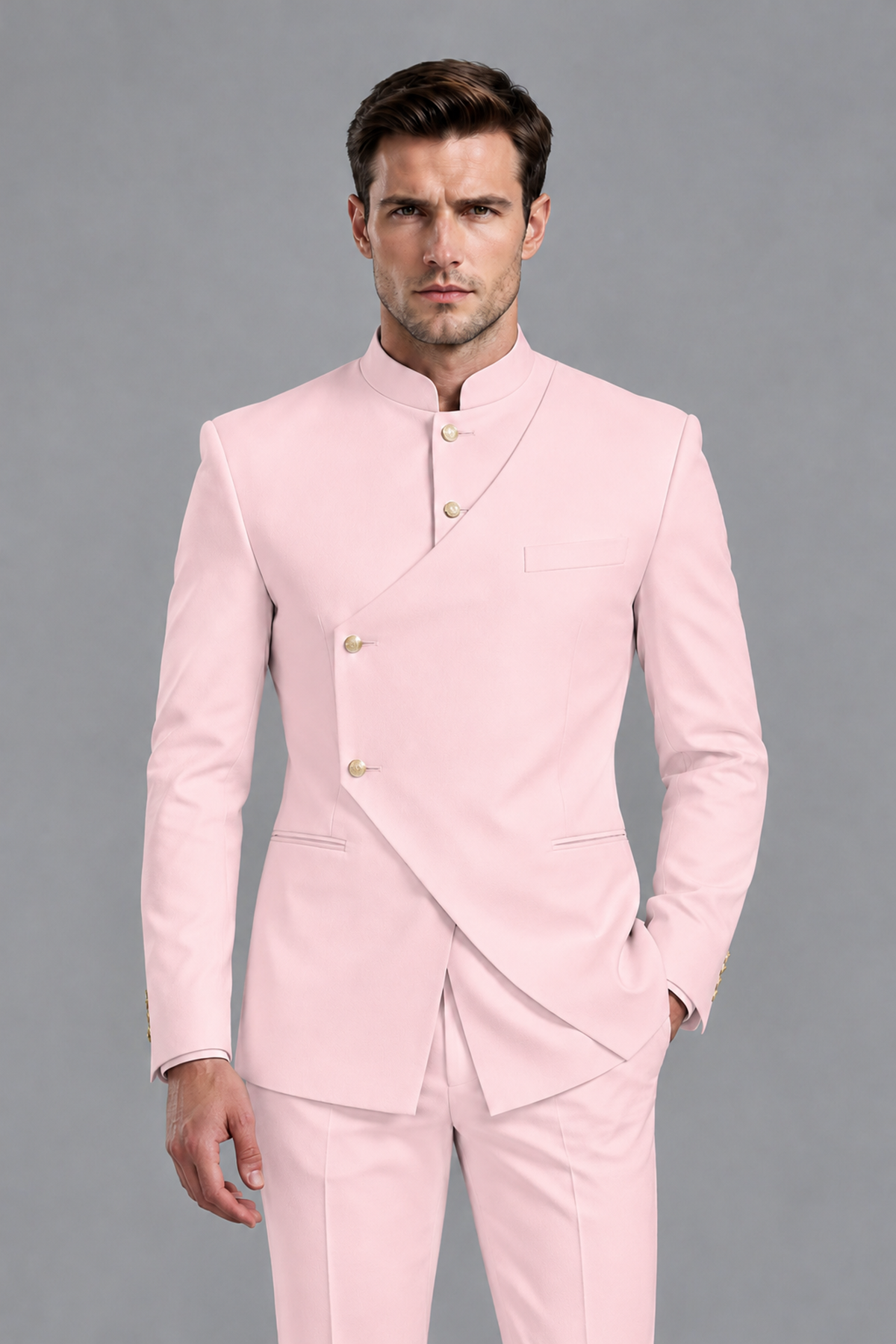 Savile Men's Blush Pink Asymmetrical Mandarin Collar Tuxedo Suit – Modern 2-Piece Gold Button Wedding, Prom & Gala Set - Blush Pink - Blush Pink_1