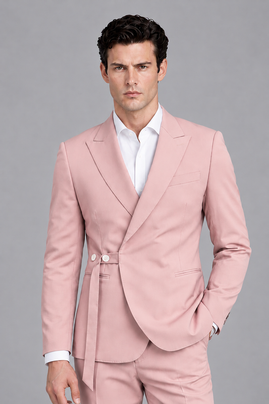 Savile Men's Modern Blush Pink 2-Piece Wrap Suit Set – Peak Lapel Side-Button Blazer & Tailored Trousers - Blush Pink - Blush_Pink_1