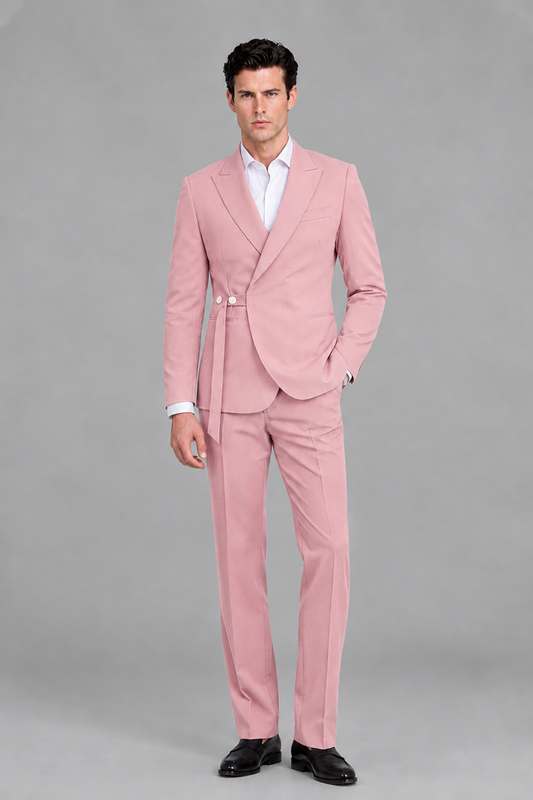 Savile Men's Modern Blush Pink 2-Piece Wrap Suit Set – Peak Lapel Side-Button Blazer & Tailored Trousers - Blush Pink - Blush_Pink_2