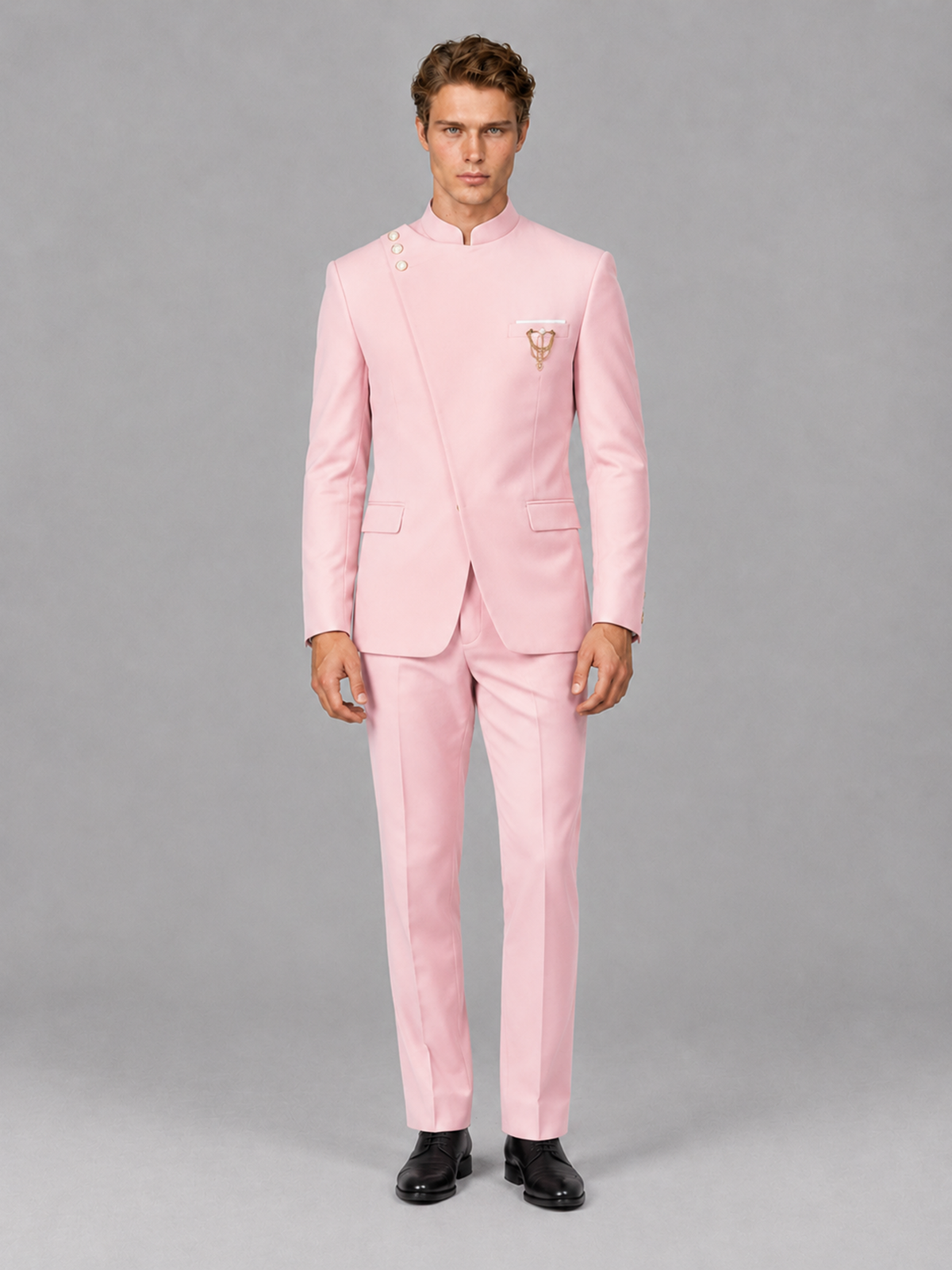 Savile Men's Blush Pink Mandarin Collar Asymmetrical 2-Piece Suit Set – Modern Jacket & Trousers - Blush Pink - Blush Pink_2