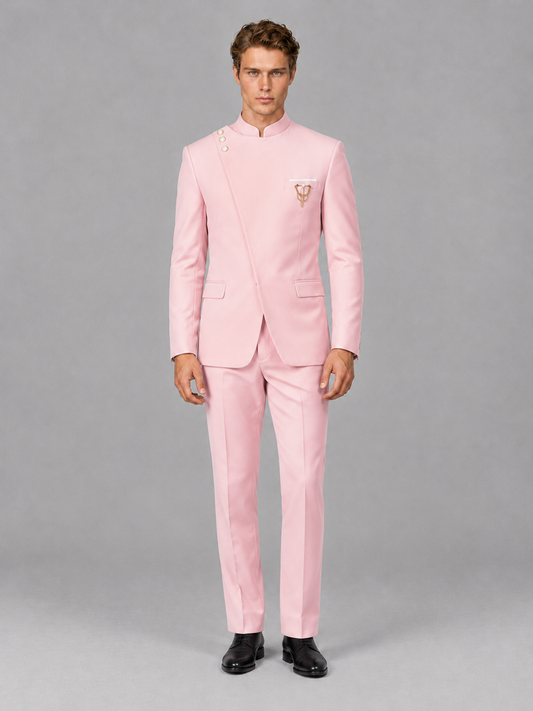 Savile Men's Blush Pink Mandarin Collar Asymmetrical 2-Piece Suit Set – Modern Jacket & Trousers - Blush Pink - Blush Pink_2