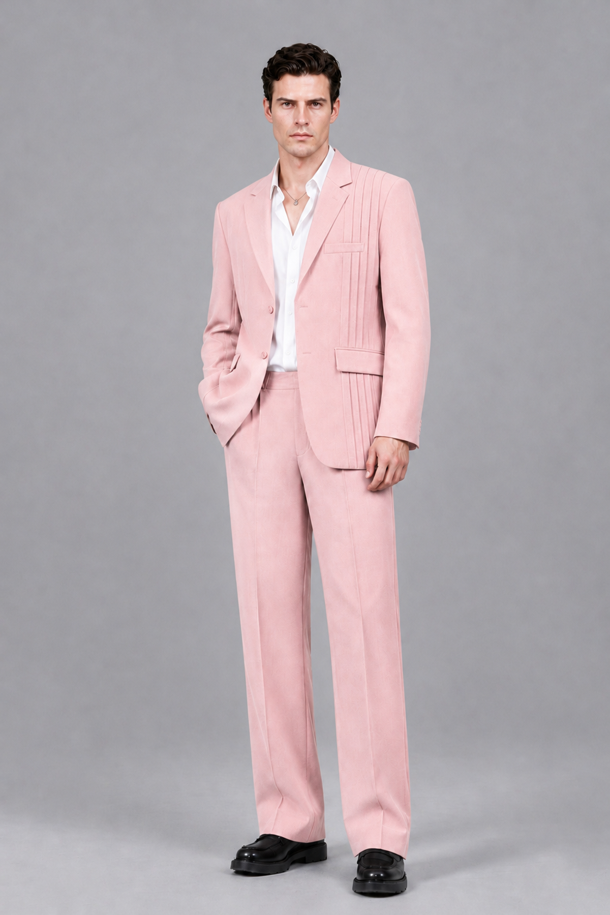 Savile Men's Blush Pink Pleated 2-Piece Suit Set | Notch Lapel Blazer & Tailored Trousers - Blush Pink - Blush Pink_2