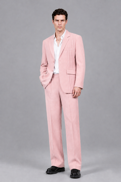 Savile Men's Blush Pink Pleated 2-Piece Suit Set | Notch Lapel Blazer & Tailored Trousers - Blush Pink - Blush Pink_2