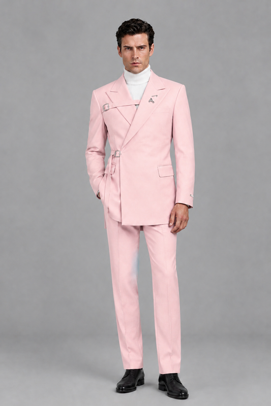 Savile Men's Blush Pink Double Buckle Wrap Belted 2-Piece Suit Set – Peak Lapel Slim-Fit Jacket & Trousers - Blush Pink - Blush Pink_2