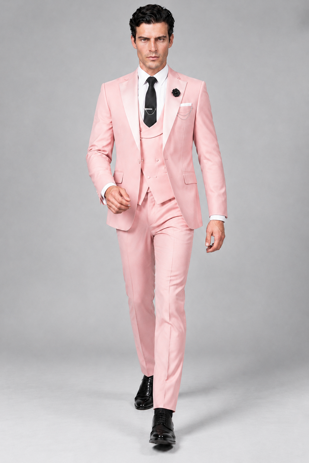 Savile Men's Blush Pink 3-Piece Tuxedo Suit – Contrast Silver Peak Lapel & Grey Vest Formal Set - Blush Pink - Blush Pink_2