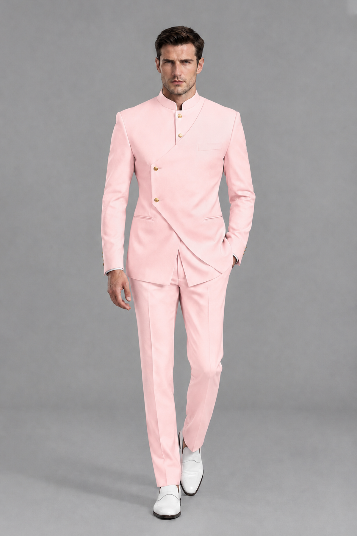 Savile Men's Blush Pink Asymmetrical Mandarin Collar Tuxedo Suit – Modern 2-Piece Gold Button Wedding, Prom & Gala Set - Blush Pink - Blush Pink_2