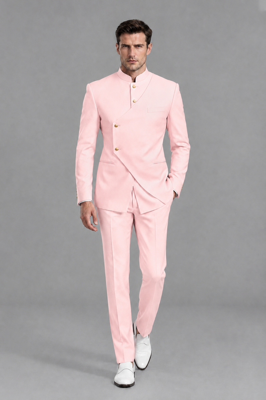 Savile Men's Blush Pink Asymmetrical Mandarin Collar Tuxedo Suit – Modern 2-Piece Gold Button Wedding, Prom & Gala Set - Blush Pink - Blush Pink_2