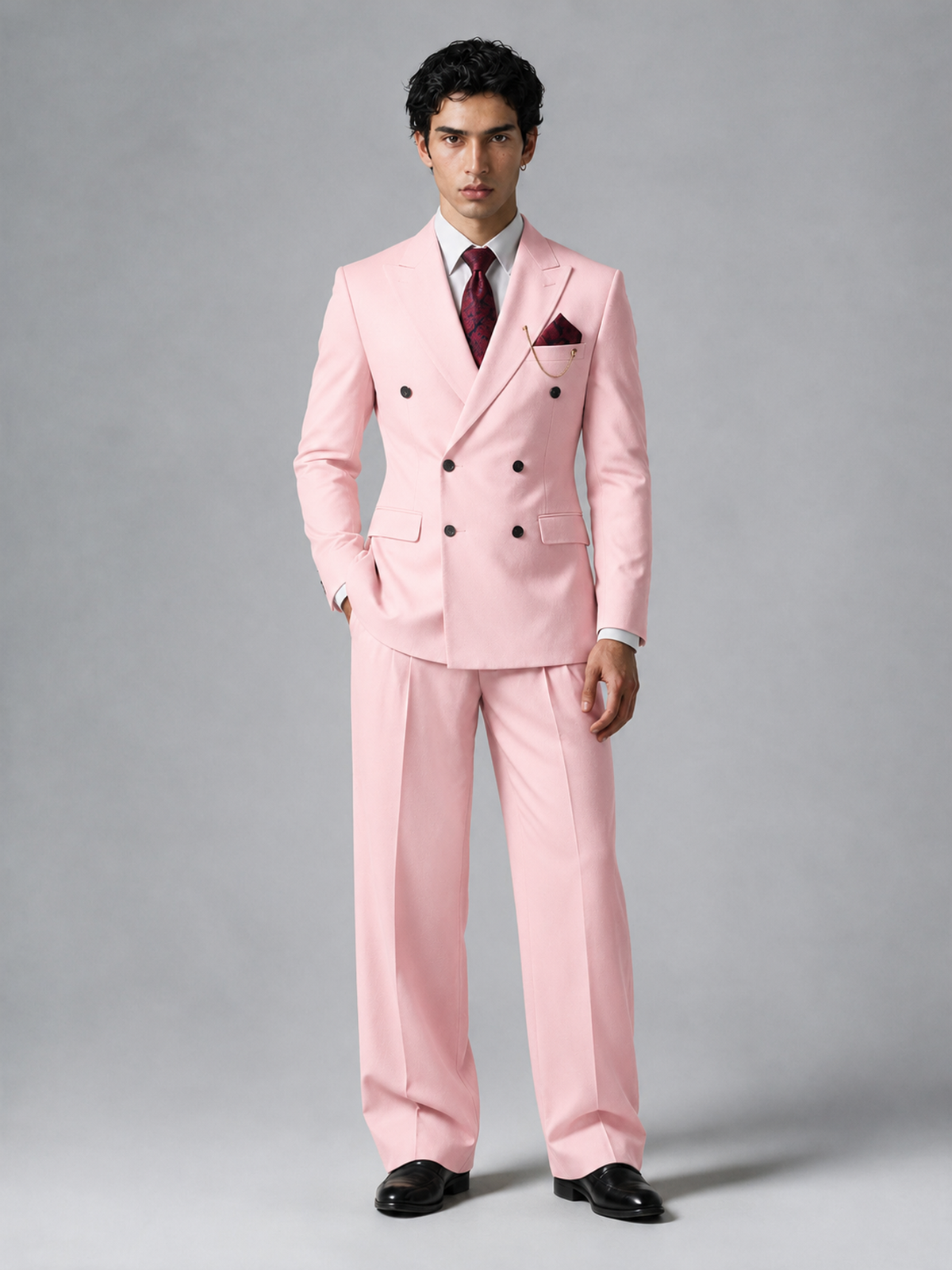 Savile Men's Blush Pink Double-Breasted 2-Piece Suit Set – Peak Lapel Blazer & Pleated Wide-Leg Trousers - Blush Pink - Blush Pink_2