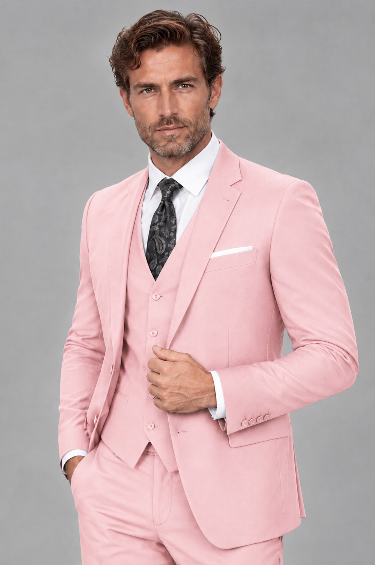 Savile Men's Blush Pink 3-Piece Suit Set – Notch Lapel Blazer, Vest & Trousers - Blush Pink - Blush_Pink_3