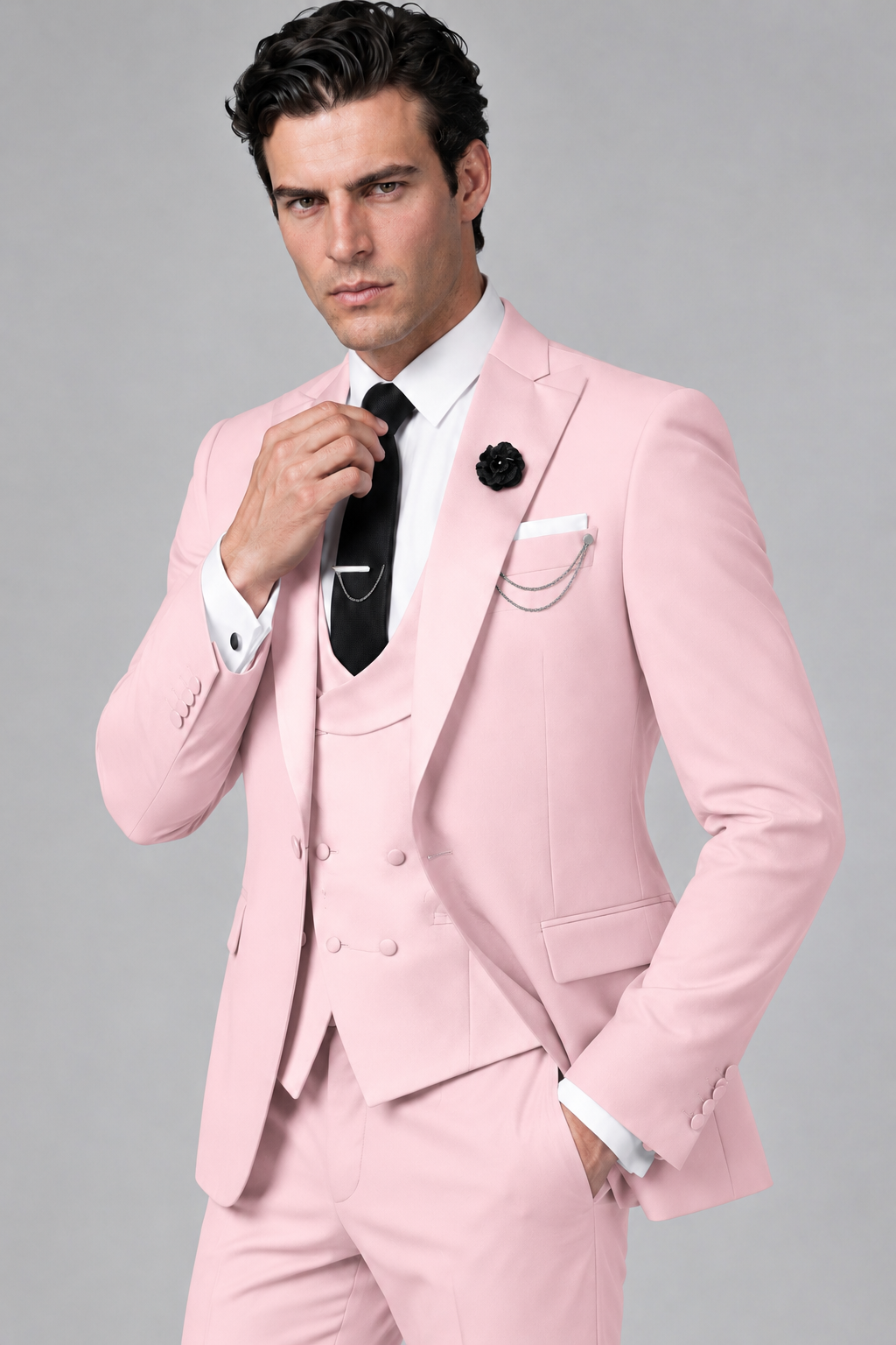 Savile Men's Blush Pink 3-Piece Tuxedo Suit – Contrast Silver Peak Lapel & Grey Vest Formal Set - Blush Pink - Blush Pink_3