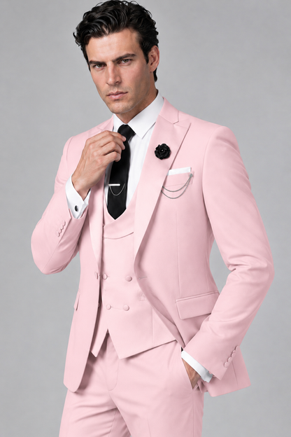 Savile Men's Blush Pink 3-Piece Tuxedo Suit – Contrast Silver Peak Lapel & Grey Vest Formal Set - Blush Pink - Blush Pink_3