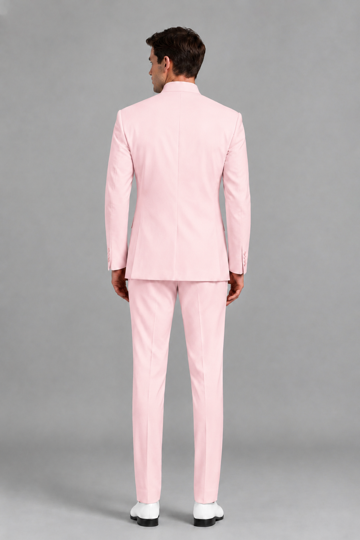 Savile Men's Blush Pink Asymmetrical Mandarin Collar Tuxedo Suit – Modern 2-Piece Gold Button Wedding, Prom & Gala Set - Blush Pink - Blush Pink_3