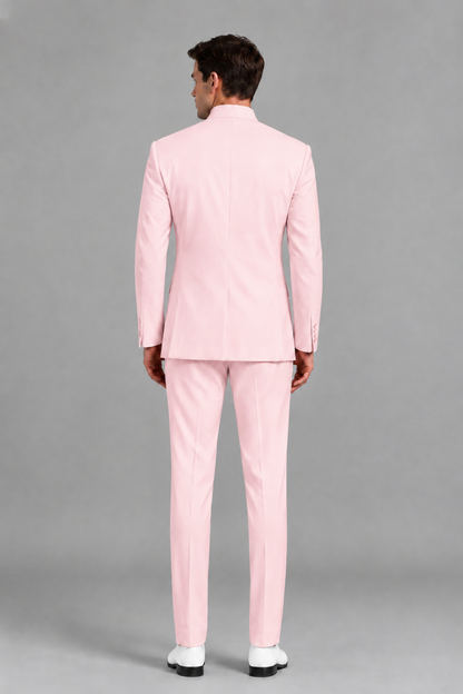 Savile Men's Blush Pink Asymmetrical Mandarin Collar Tuxedo Suit – Modern 2-Piece Gold Button Wedding, Prom & Gala Set - Blush Pink - Blush Pink_3