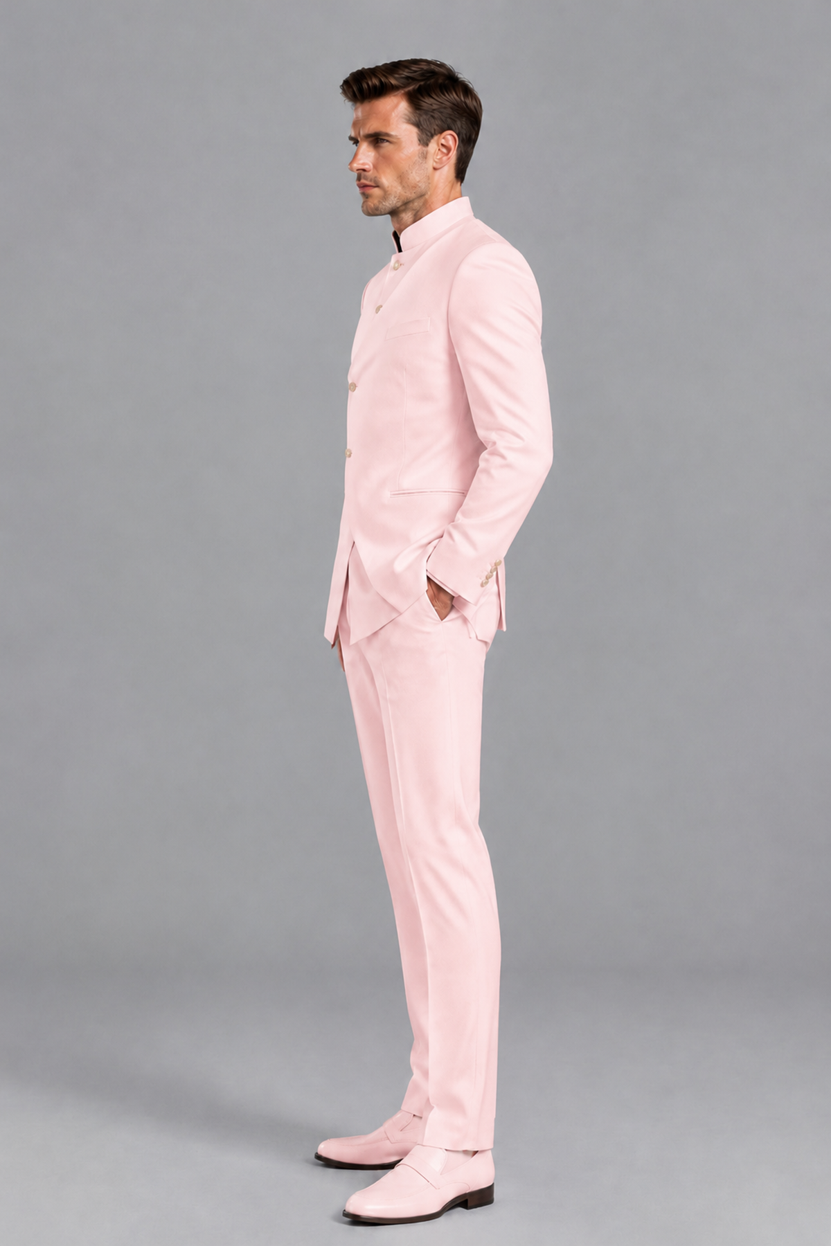 Savile Men's Blush Pink Asymmetrical Mandarin Collar Tuxedo Suit – Modern 2-Piece Gold Button Wedding, Prom & Gala Set - Blush Pink - Blush Pink_4