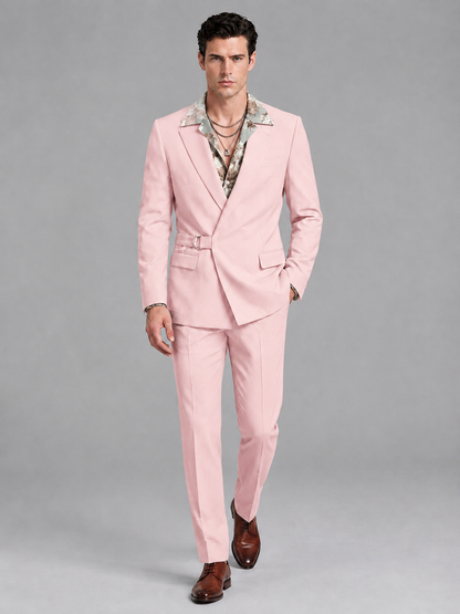 Savile Men's Blush Pink Belted Wrap 2-Piece Suit – Peak Lapel Blazer & Tailored Trousers - SUC060 - Blush Pink - Blush Pink_4