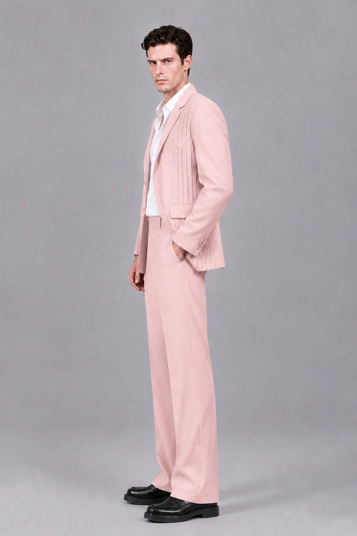 Savile Men's Blush Pink Pleated 2-Piece Suit Set | Notch Lapel Blazer & Tailored Trousers - Blush Pink - Blush Pink_4
