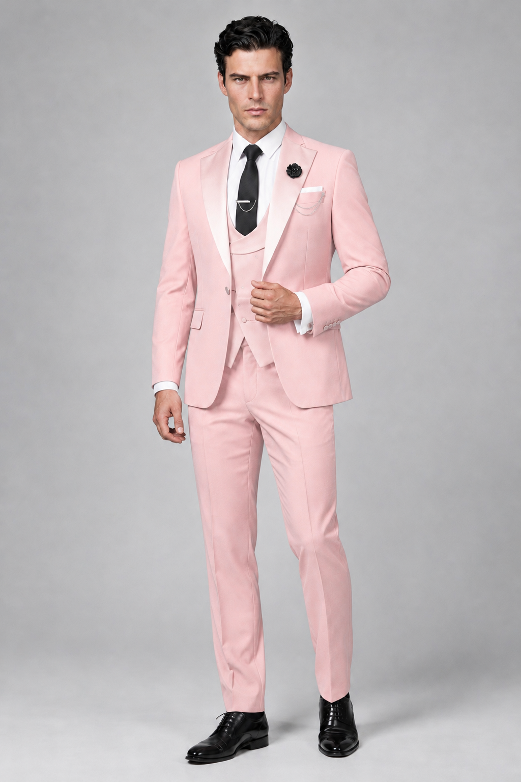 Savile Men's Blush Pink 3-Piece Tuxedo Suit – Contrast Silver Peak Lapel & Grey Vest Formal Set - Blush Pink - Blush Pink_4