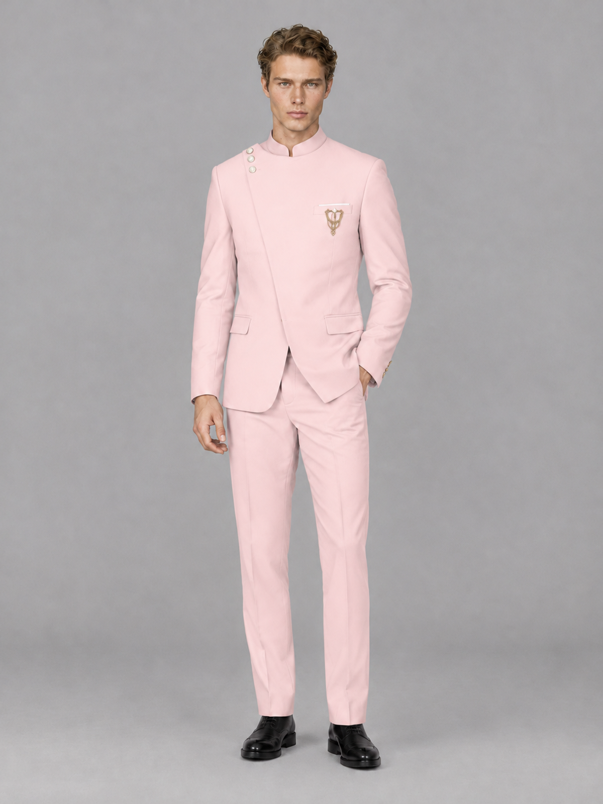 Savile Men's Blush Pink Mandarin Collar Asymmetrical 2-Piece Suit Set – Modern Jacket & Trousers - Blush Pink - Blush Pink_4