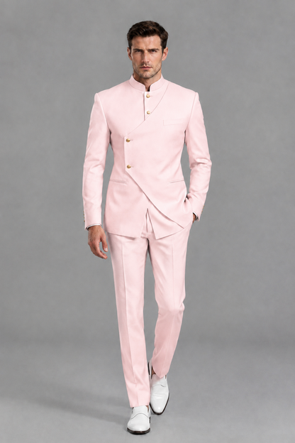 Savile Men's Blush Pink Asymmetrical Mandarin Collar Tuxedo Suit – Modern 2-Piece Gold Button Wedding, Prom & Gala Set - Blush Pink - Blush Pink_5