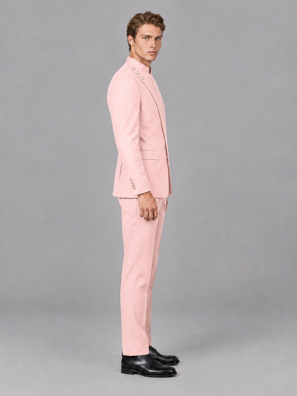 Savile Men's Blush Pink Mandarin Collar Asymmetrical 2-Piece Suit Set – Modern Jacket & Trousers - Blush Pink - Blush Pink_5
