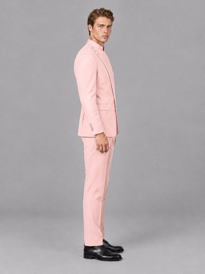 Savile Men's Blush Pink Mandarin Collar Asymmetrical 2-Piece Suit Set – Modern Jacket & Trousers - Blush Pink - Blush Pink_5