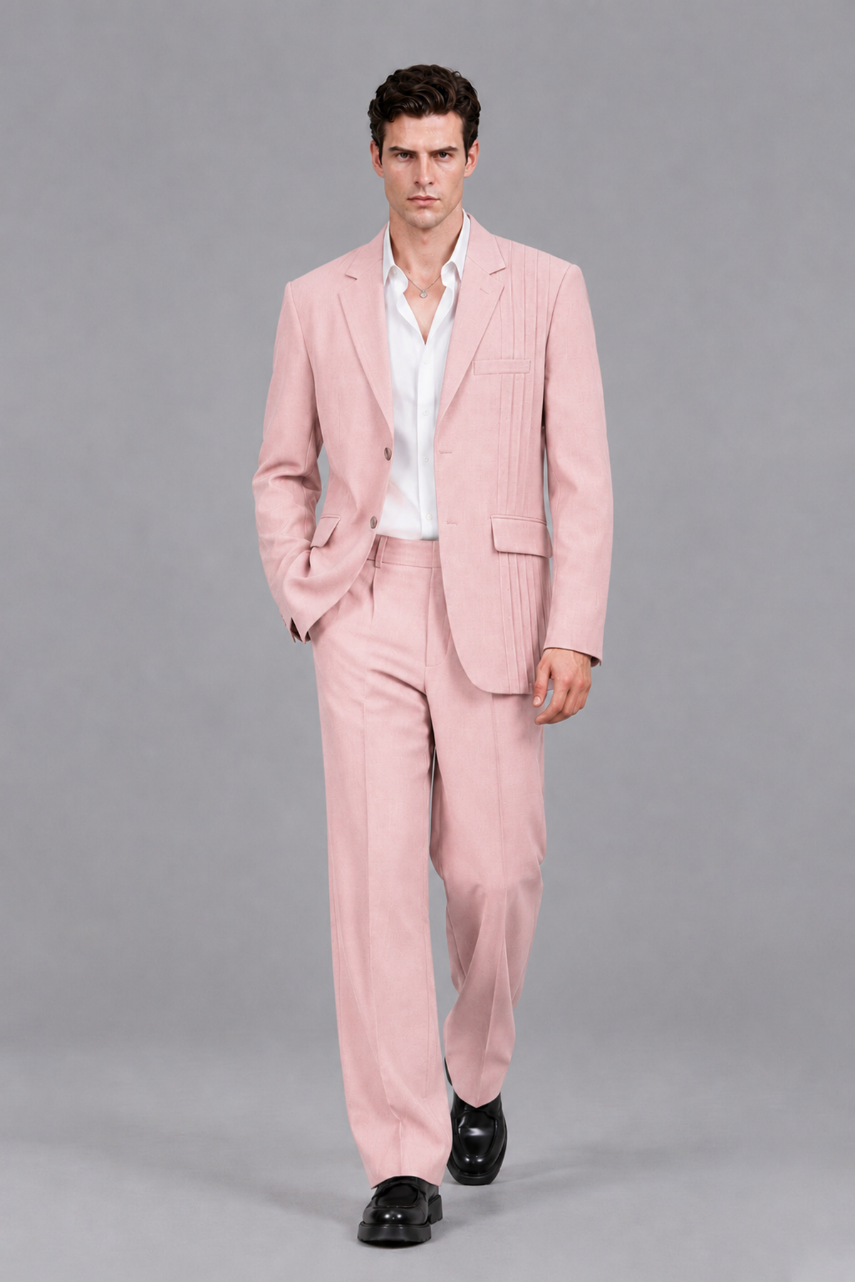 Savile Men's Blush Pink Pleated 2-Piece Suit Set | Notch Lapel Blazer & Tailored Trousers - Blush Pink - Blush Pink_5